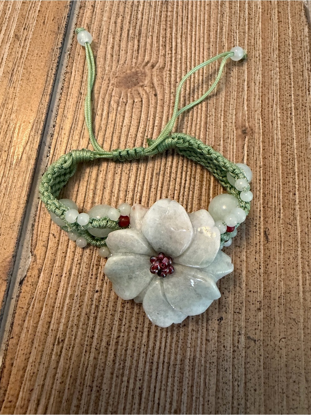 2 Green Flower Real Jade Macramé Bracelet with Red Accent tie
